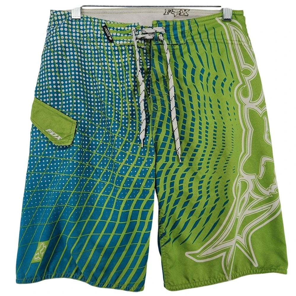 Fox 29 Green Blue Graphic Board Shorts Y2K Surf Skate Beach Swim Trunks Moto BMX